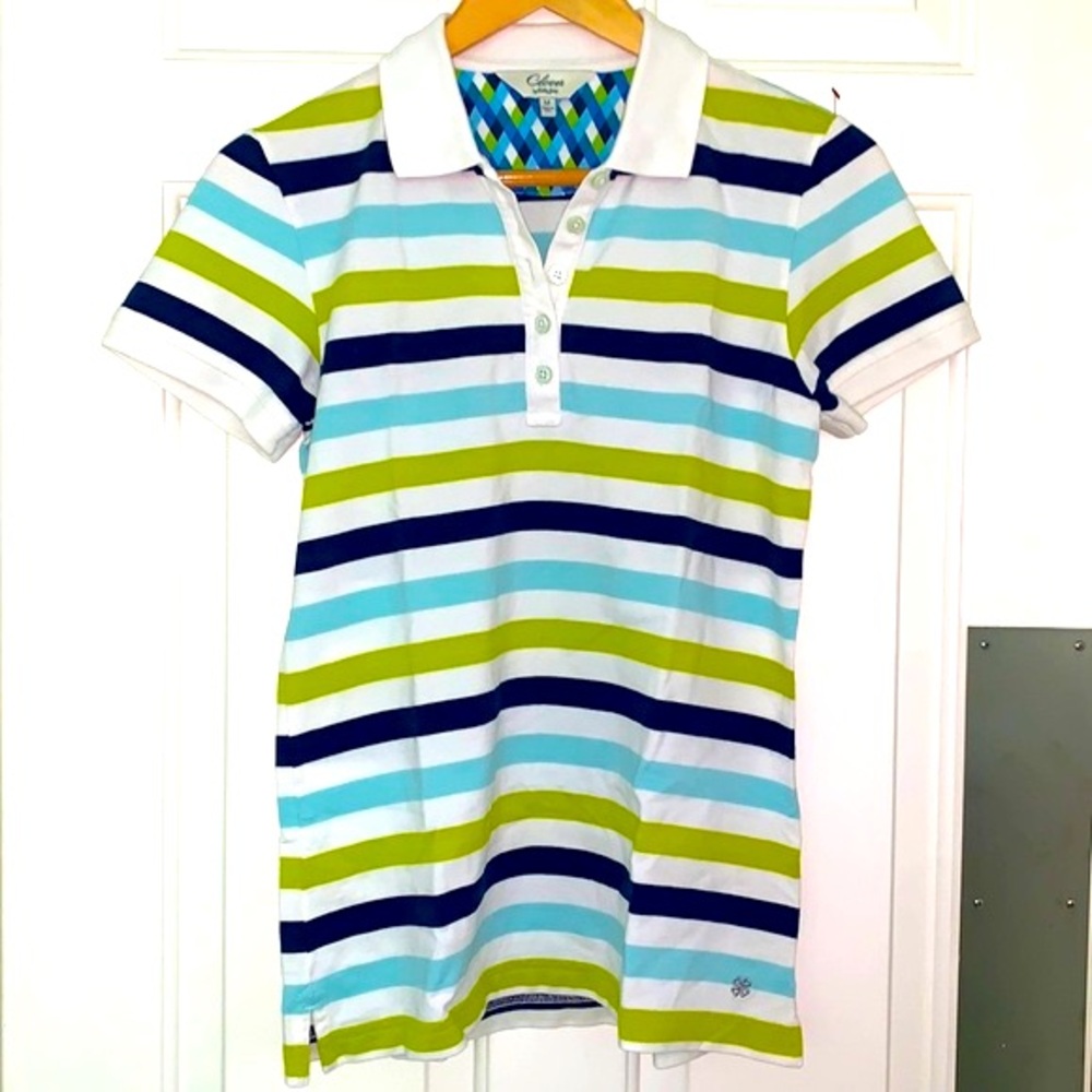 Clover by Bobby Jones Golf Polo Navy Green White Stripe Womens Size M